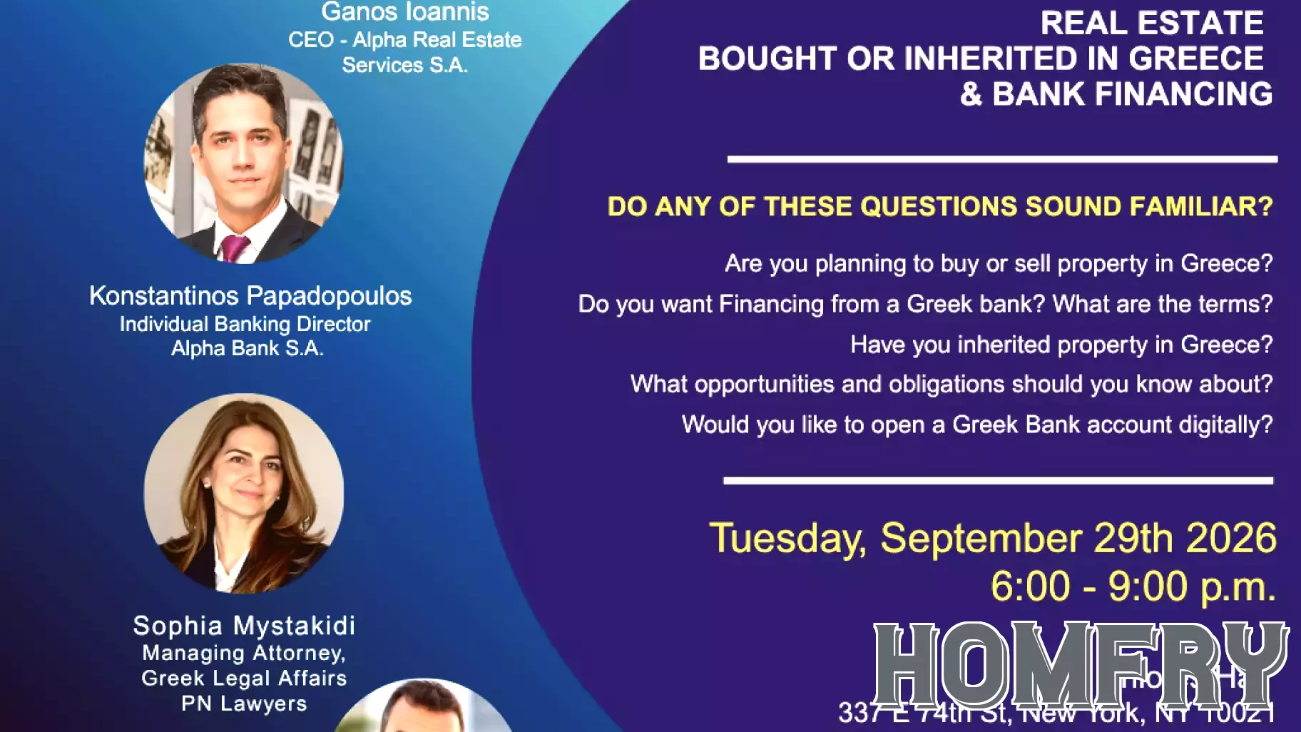 HACC & HLA Host Event on Greek Real Estate, Inheritance & Bank Financing, Sept. 29
